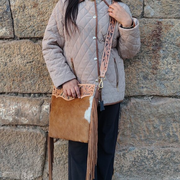 Genuine Hair On Cowhide Purse, Hand Tooled Leather Bag, Western Leather Bag - Picture 2 of 10